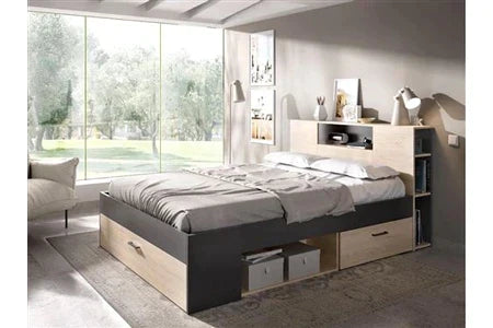 Lit 2 Places Avec Tête De Lit Rangements Et Tiroirs - 140 X 190 Cm - Coloris : Naturel Et Anthracite + Chevets - Leandre