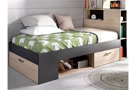 Lit 2 Places Avec Tête De Lit Rangements Et Tiroir - 90 X 190 Cm - Anthracite Et Naturel + Sommier - Leandre