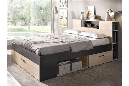 Lit 2 Places Avec Tête De Lit Rangements Et Tiroirs - 140 X 190 Cm - Coloris : Naturel Et Anthracite + Chevets - Leandre