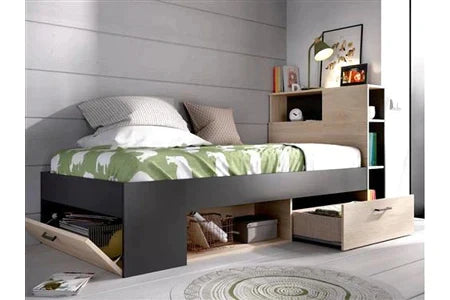 Lit 2 Places Avec Tête De Lit Rangements Et Tiroir - 90 X 190 Cm - Anthracite Et Naturel + Sommier - Leandre