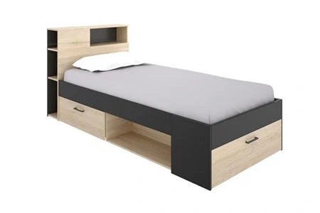 Lit 2 Places Avec Tête De Lit Rangements Et Tiroir - 90 X 190 Cm - Anthracite Et Naturel + Sommier - Leandre