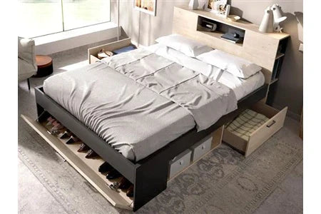 Lit 2 Places Avec Tête De Lit Rangements Et Tiroirs - 140 X 190 Cm - Coloris : Naturel Et Anthracite + Chevets - Leandre
