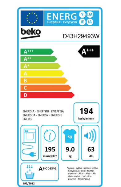 Sèche-linge pompe à chaleur Beko D43H29493W