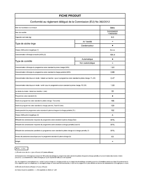 Sèche-linge pompe à chaleur Beko D43H29493W