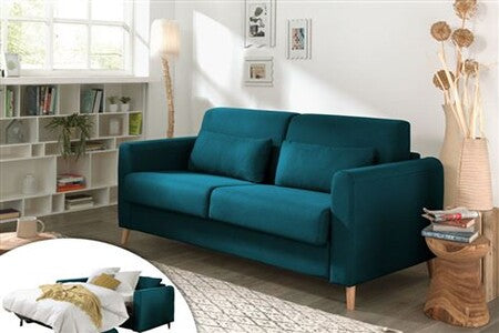 Canapé Droit Lisa Design Timo - Canapé 3 Places Convertible - Ouverture Express - Couchage Quotidien - Scandinave - Bleu Canard