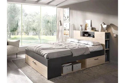 Lit 2 Places Avec Tête De Lit Rangements Et Tiroirs - 140 X 190 Cm - Coloris : Naturel Et Anthracite + Chevets - Leandre