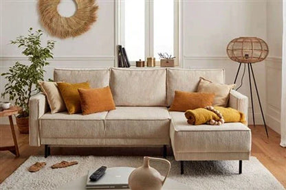 Canapé d'angle Lisa Design Charlie - canapé d'angle réversible - convertible avec coffre - en velours côtelé - 4 places - style contemporain - Beige