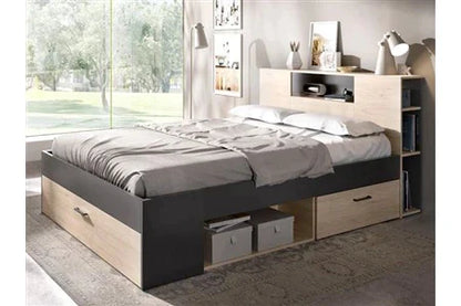 Lit 2 Places Avec Tête De Lit Rangements Et Tiroirs - 140 X 190 Cm - Coloris : Naturel Et Anthracite + Chevets - Leandre