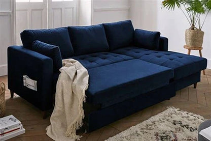 Canapé D'angle Lisa Design Anna - Canapé D'angle Convertible - Avec Coffre - 4 Places - Style Contemporain - Droit - Bleu Nuit