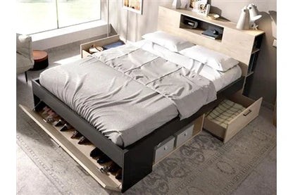 Lit 2 Places Avec Tête De Lit Rangements Et Tiroirs - 140 X 190 Cm - Coloris : Naturel Et Anthracite + Chevets - Leandre
