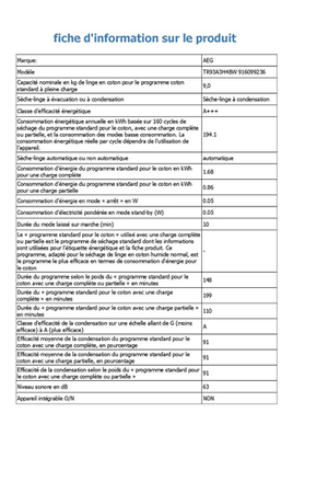 Sèche-linge Aeg TR93A3H4BW